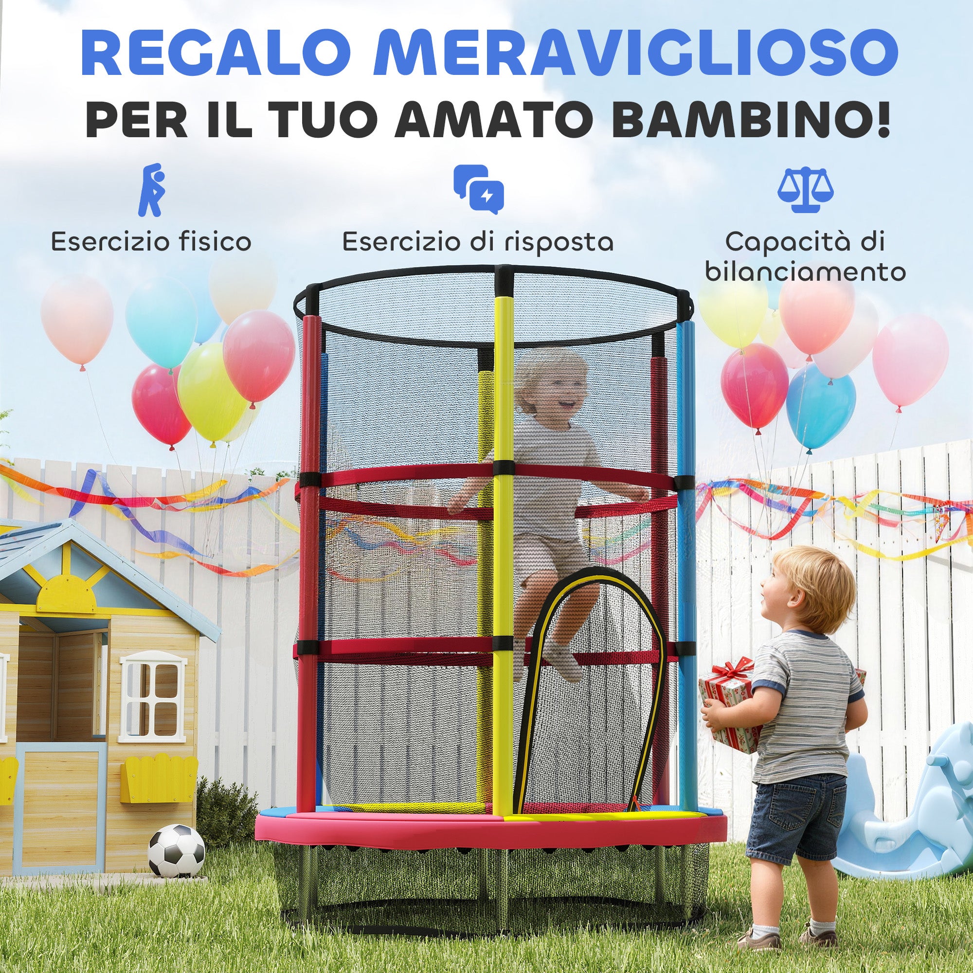 HOMCOM Trampoline for Children 3-6 Years with Safety Net, Without Springs, Ø160x190 cm, Multicolored