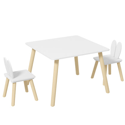 Children's Table and 2 Chairs Set with Rabbit Ear Backrest, Ages 3-6 Years, White