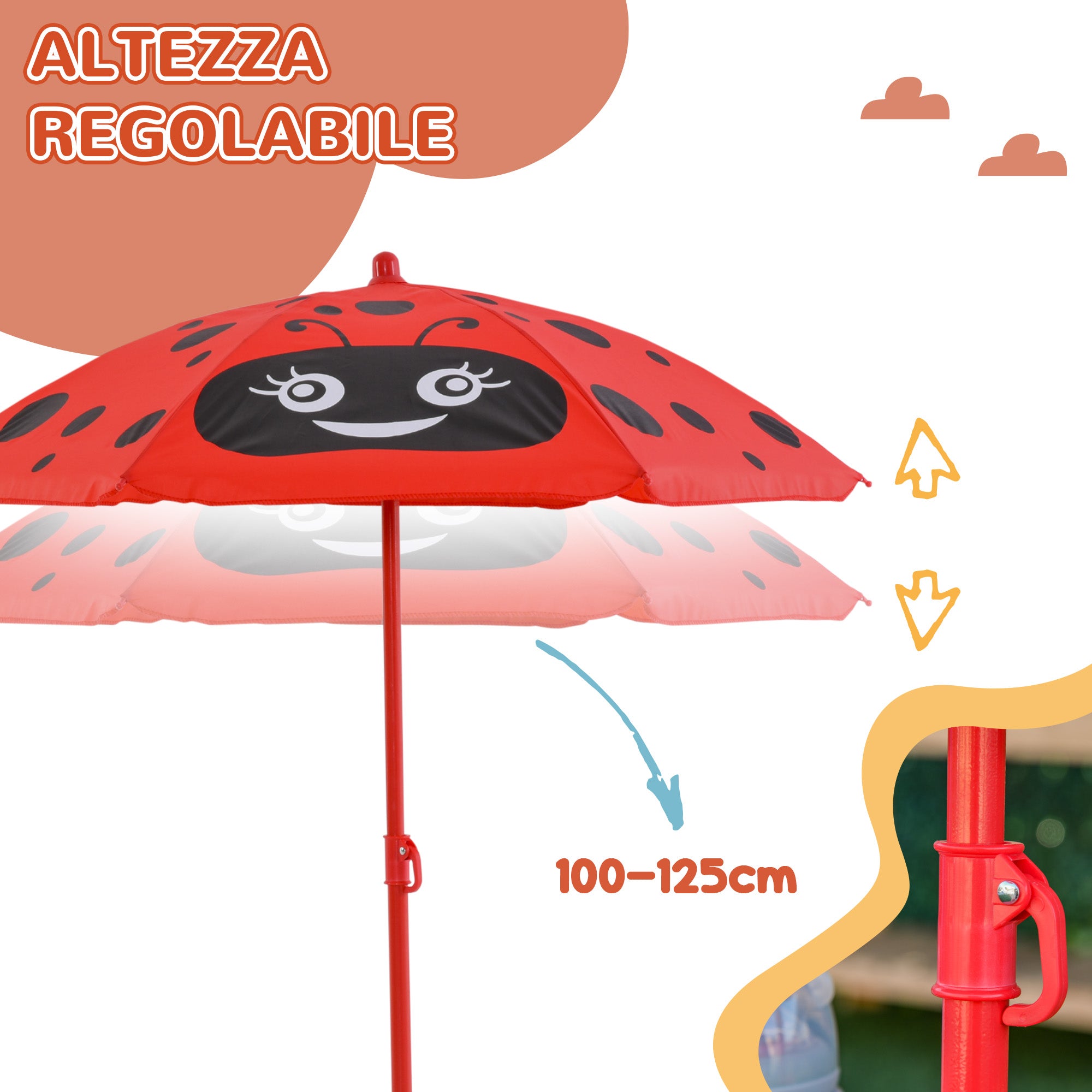 Garden Table and 2 Folding Chairs Set, Outdoor Table and Chairs with Umbrella for Children in Metal and Polyester, Red