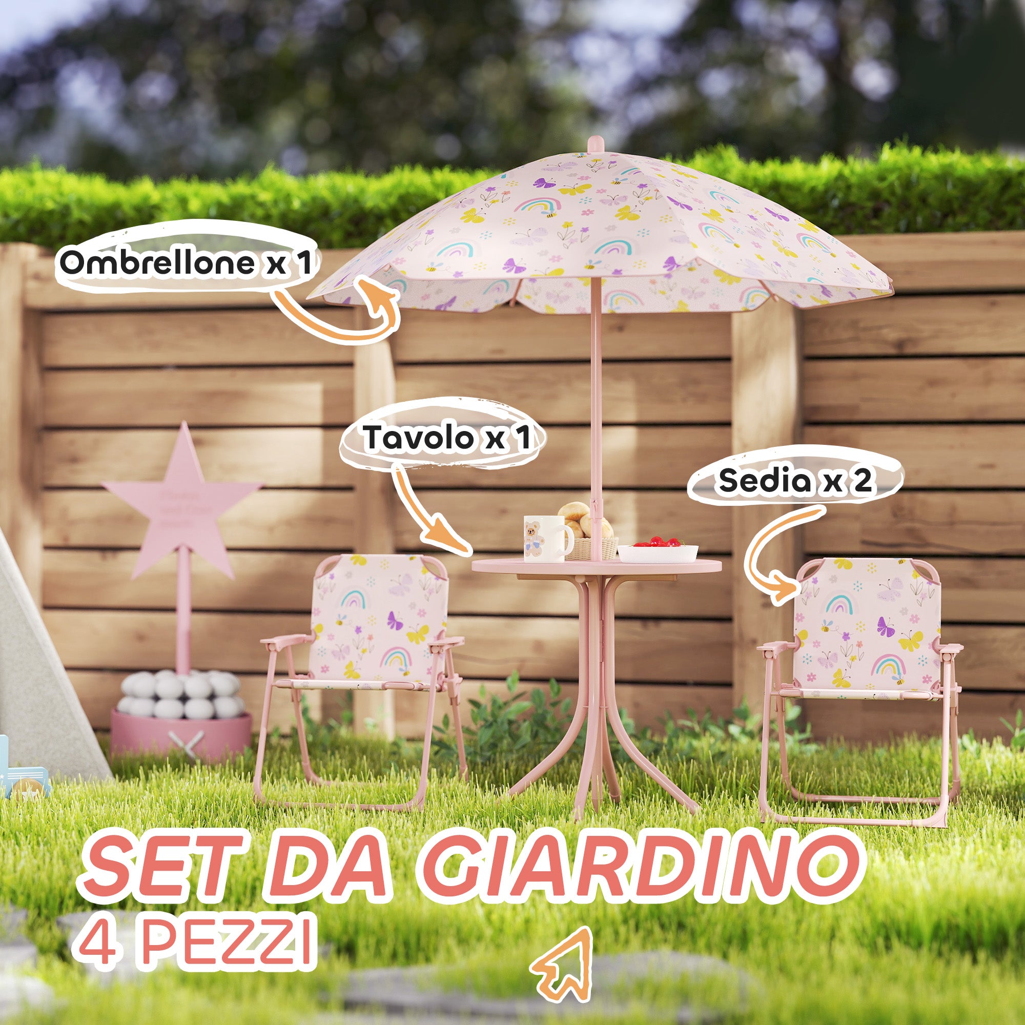 Garden Set for Children 2-5 Years with Round Table, 2 Folding Chairs and a Umbrella, Pink