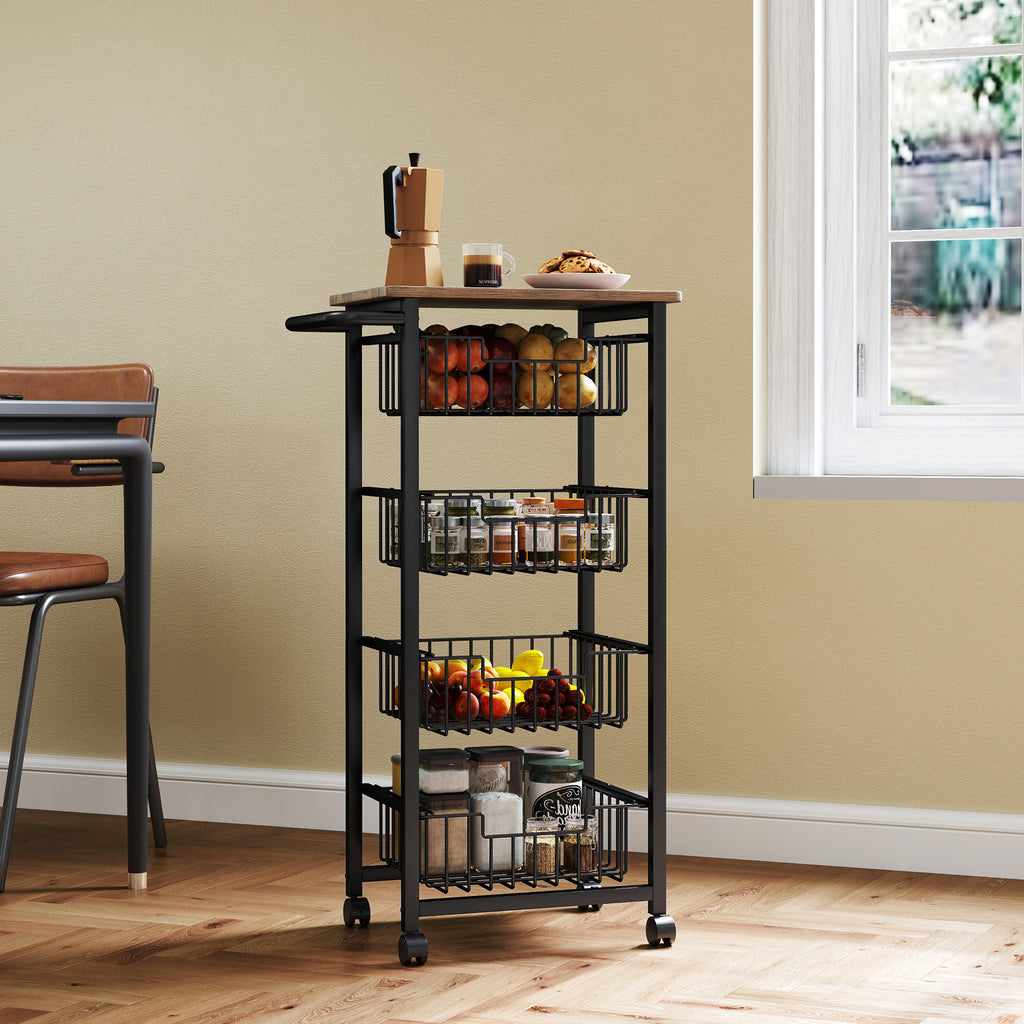 Kitchen Trolley with 4 Pull-Out Baskets, Wheels and Brakes, Steel and Wood, 49.5x31x91 cm, Oak