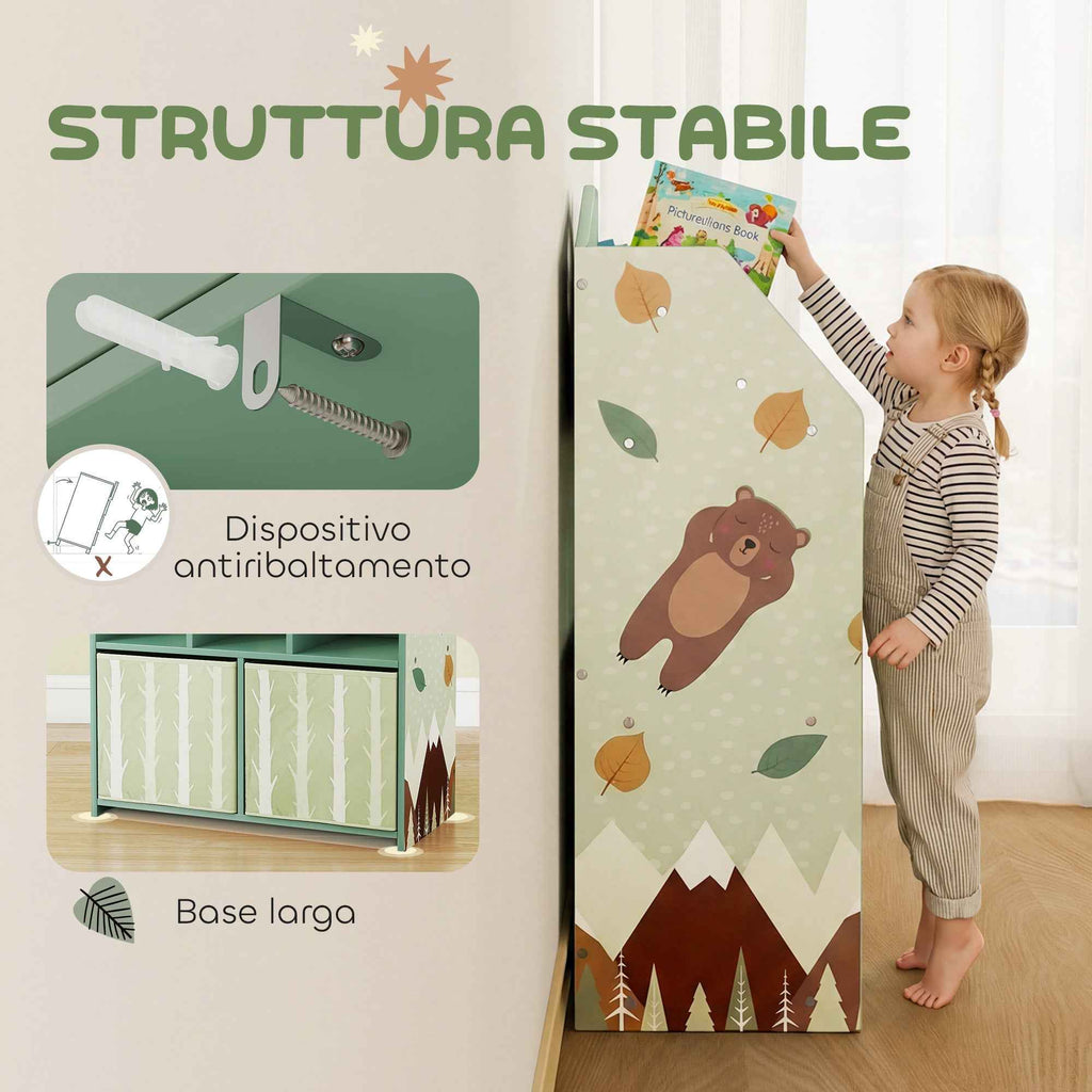 AIYAPLAY Children's Toy Storage Shelf in FSC Wood, 2 Removable Fabric Bins and Shelves, for Children's Bedroom, Green