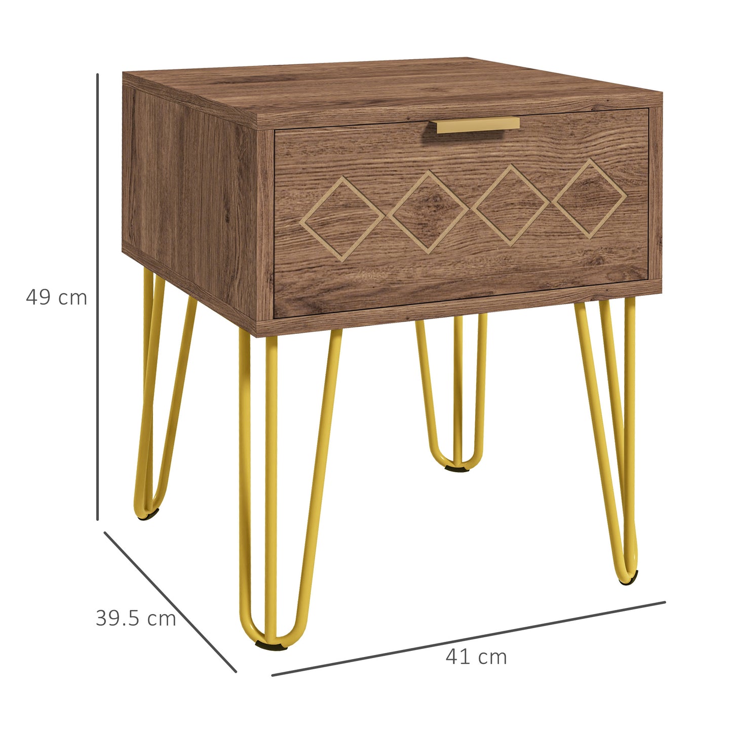 Modern Bedside Tables Set of 2 Pieces in Chipboard and Steel with Drawer, 39.5x41x49 cm, Brown