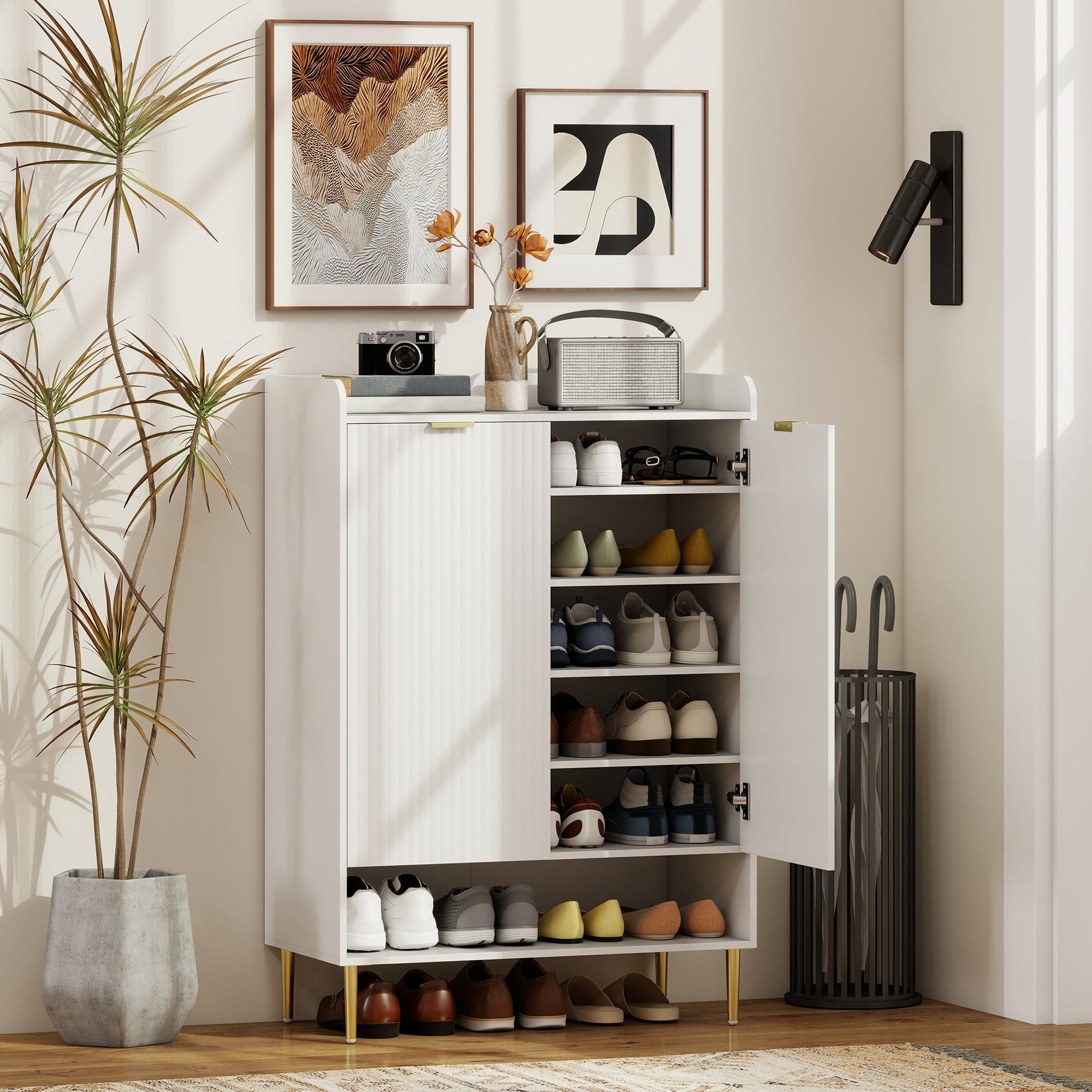 Space-Saving Shoe Rack for 24 Pairs of Shoes with 2 Doors, 3 Pull-Out Shelves and Bottom Shelf, White