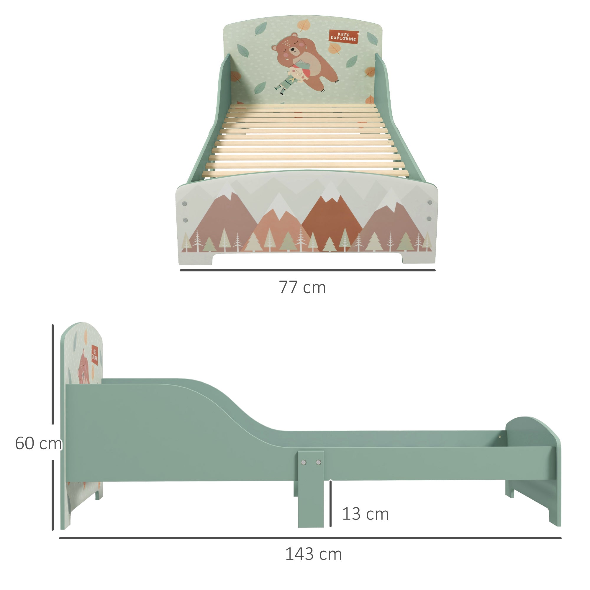 Bed for Children 3-6 Years with Raised Edges, Slats and Animal Pattern, 140x70 cm, Green