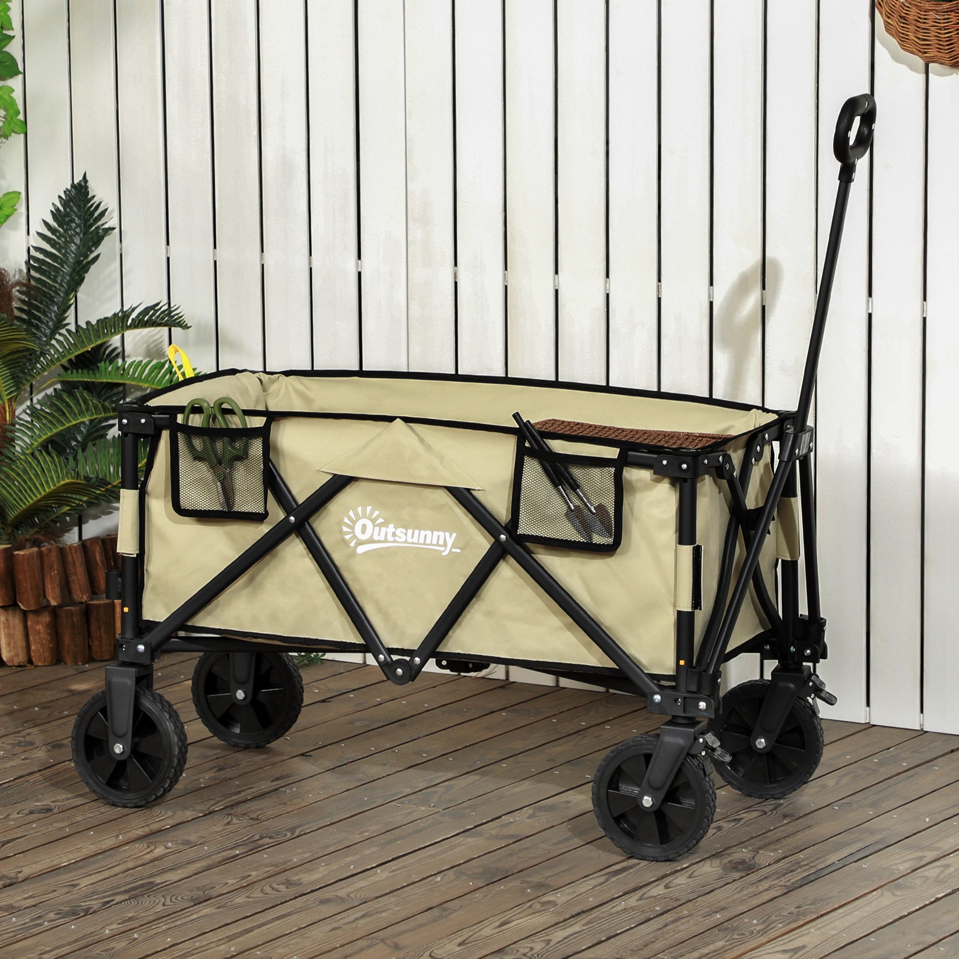 Outsunny 78L Folding Garden Trolley in Steel, Oxford Fabric and Plastic, 105x52x70-110 cm, Khaki color - Borgè