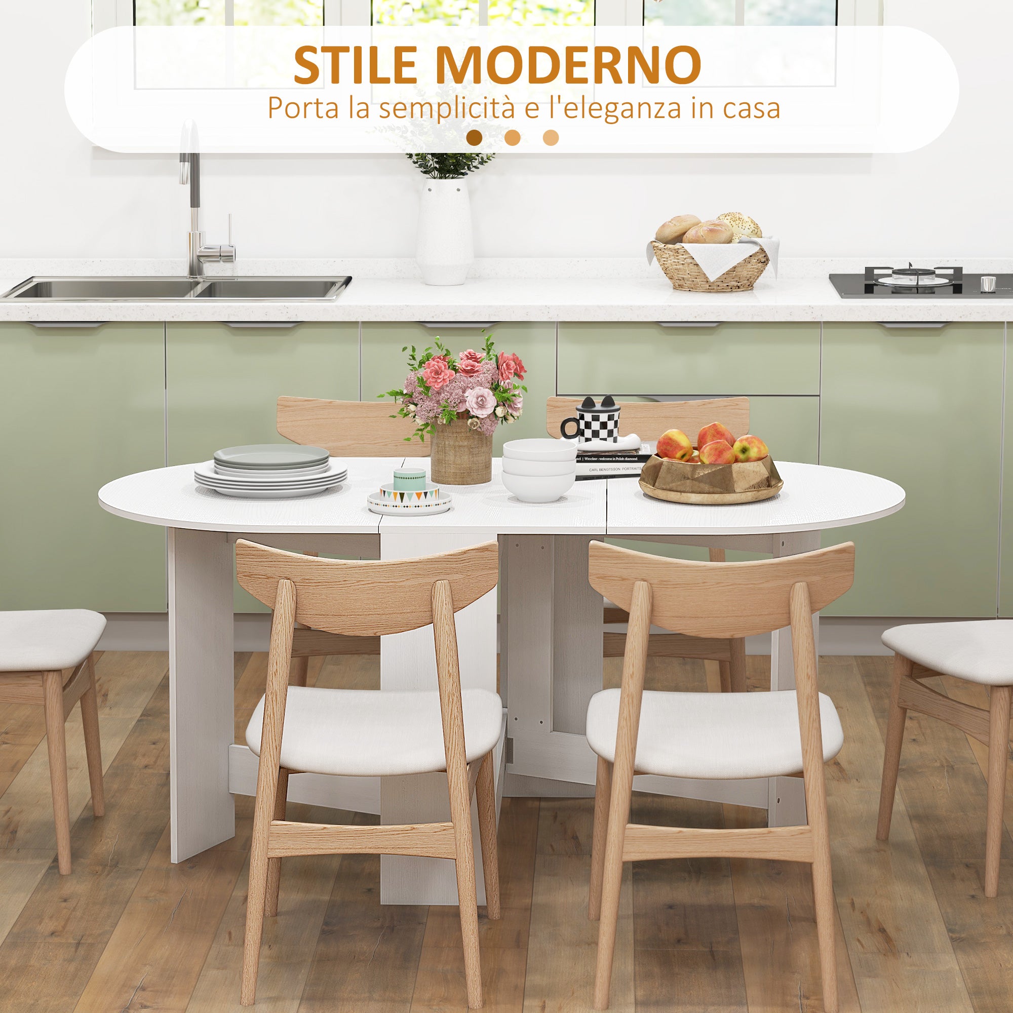 Folding Table for 6 People with 2 Oval Wooden Drop-Leafs, 163x80x75 cm, White