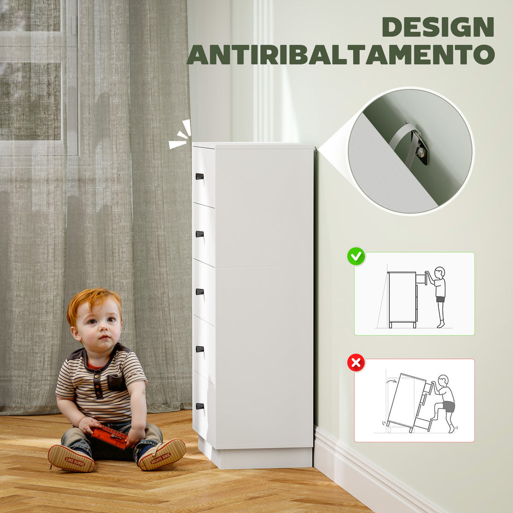 Chest of 5 drawers for modern and space-saving bedroom, 47x29x95 cm, White