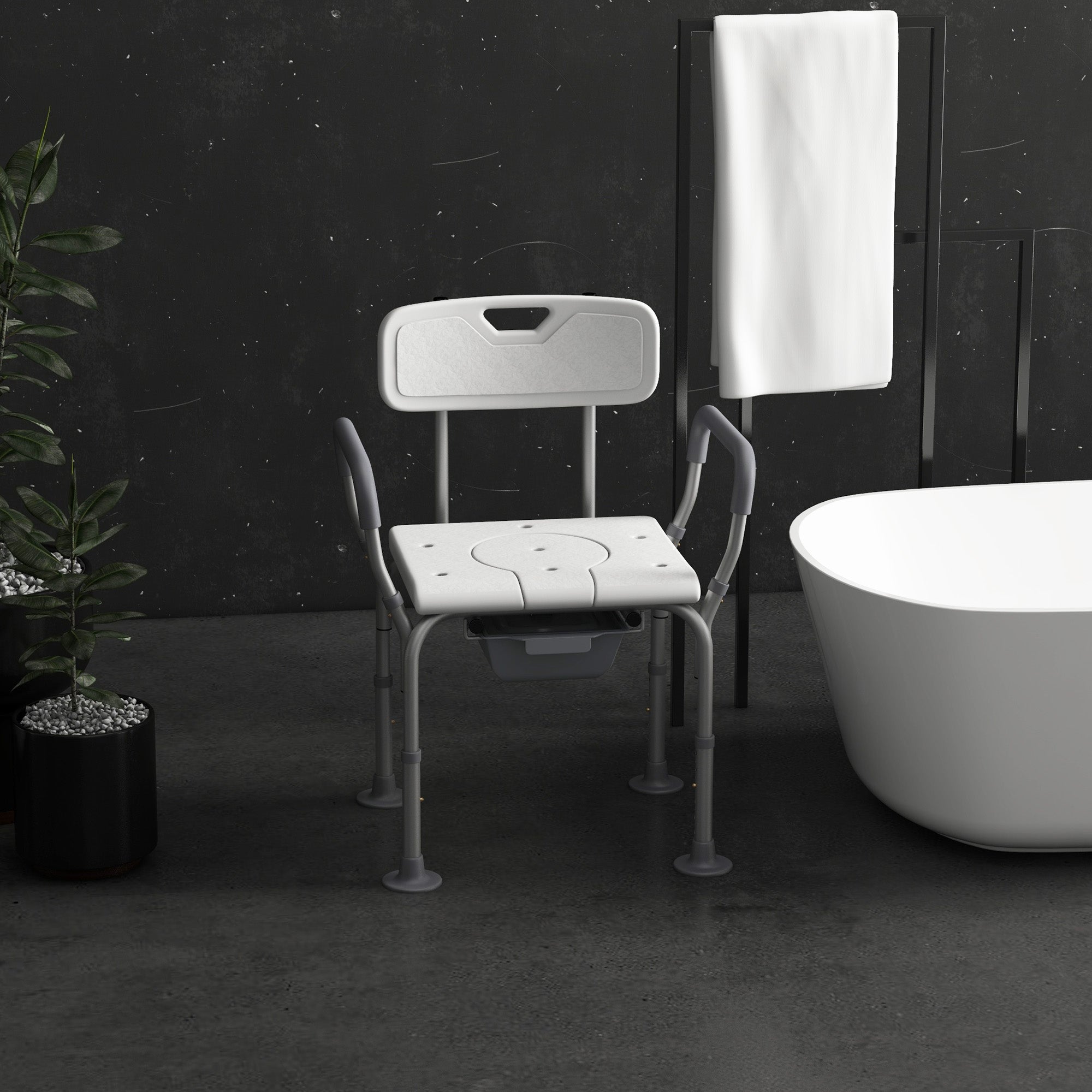 3-in-1 Shower Chair with Backrest and Armrests, Adjustable Height and Non-Slip Feet, White