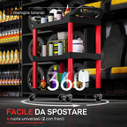 3-Tier Plastic Tool Cart with Handles and Wheels, Capacity 91 kg, 83x43x97 cm, Red
