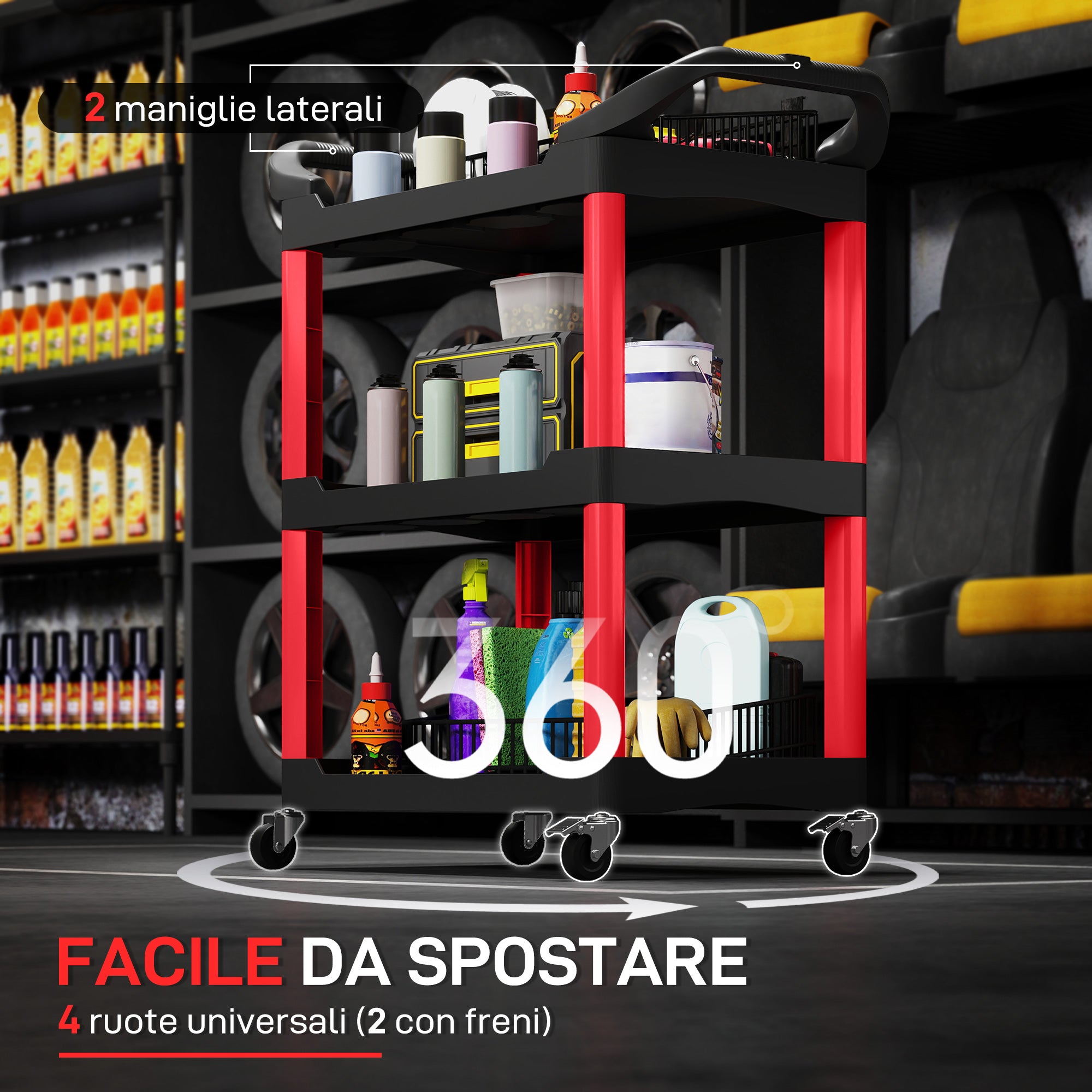3-Tier Plastic Tool Cart with Handles and Wheels, Capacity 91 kg, 83x43x97 cm, Red