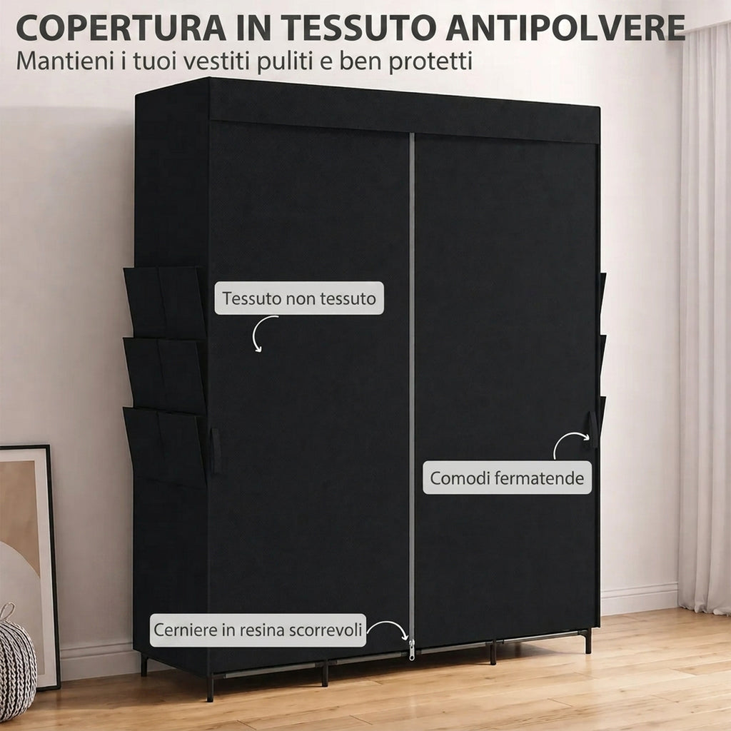 HOMCOM Space-Saving Fabric Wardrobe with 3 Rods, 3 Shelves, 6 Side Pockets, Dustproof Doors with Zip, Black