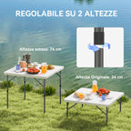 Folding Camping Table with 2 Adjustable Heights in HDPE and Metal, 86x86x74 cm, White