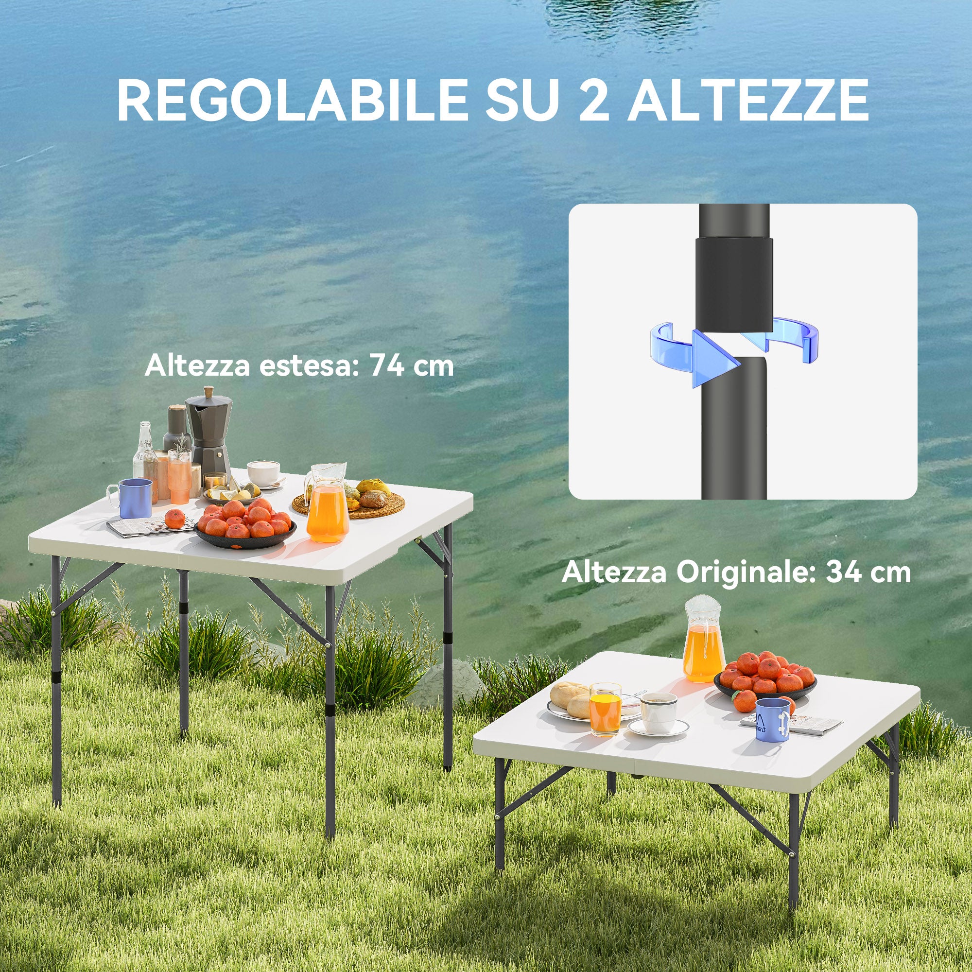 Folding Camping Table with 2 Adjustable Heights in HDPE and Metal, 86x86x74 cm, White