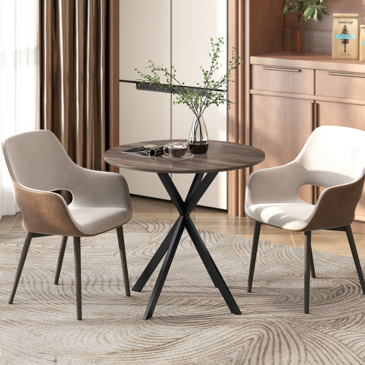 HOMCOM Industrial Style Round Dining Table with Steel Cross Legs, Ø80x75 cm, Brown