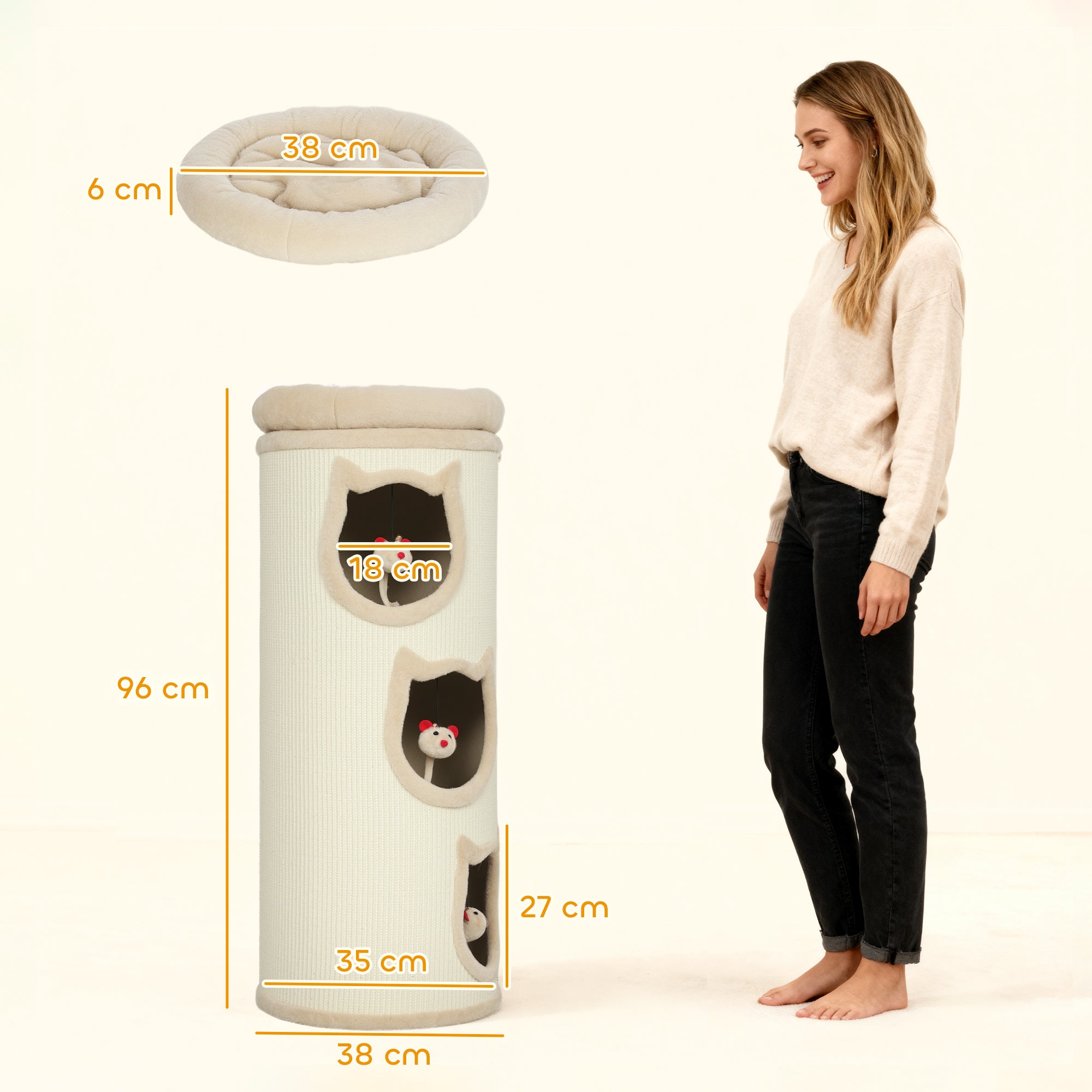 Cat Scratching Tower, 96 cm High, with 3 Cat Houses and a Removable and Washable Upper Bed, Cream