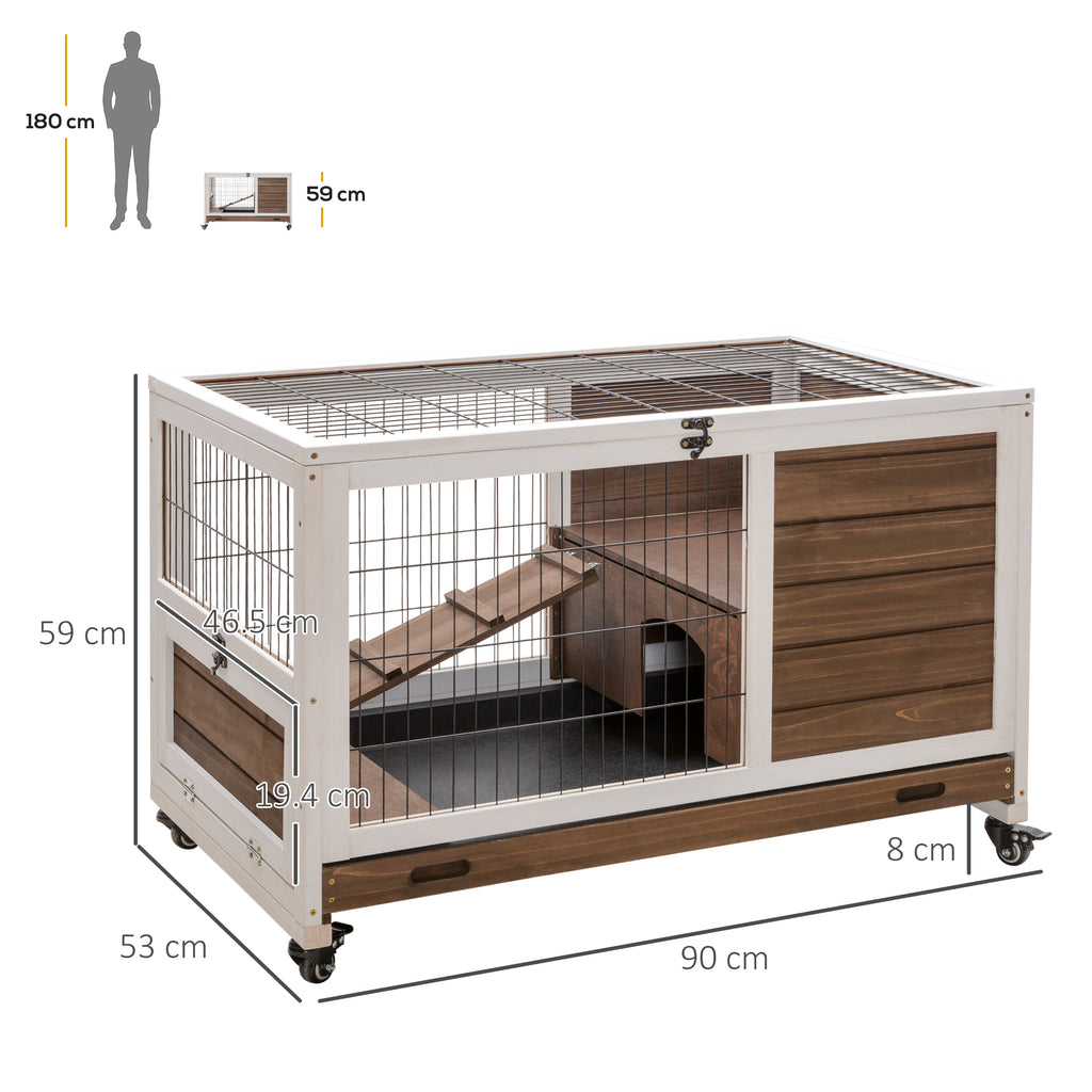 Wooden Rabbit Hutch with 4 Wheels, Rabbit House and Ramp, 90x53x59cm, Brown