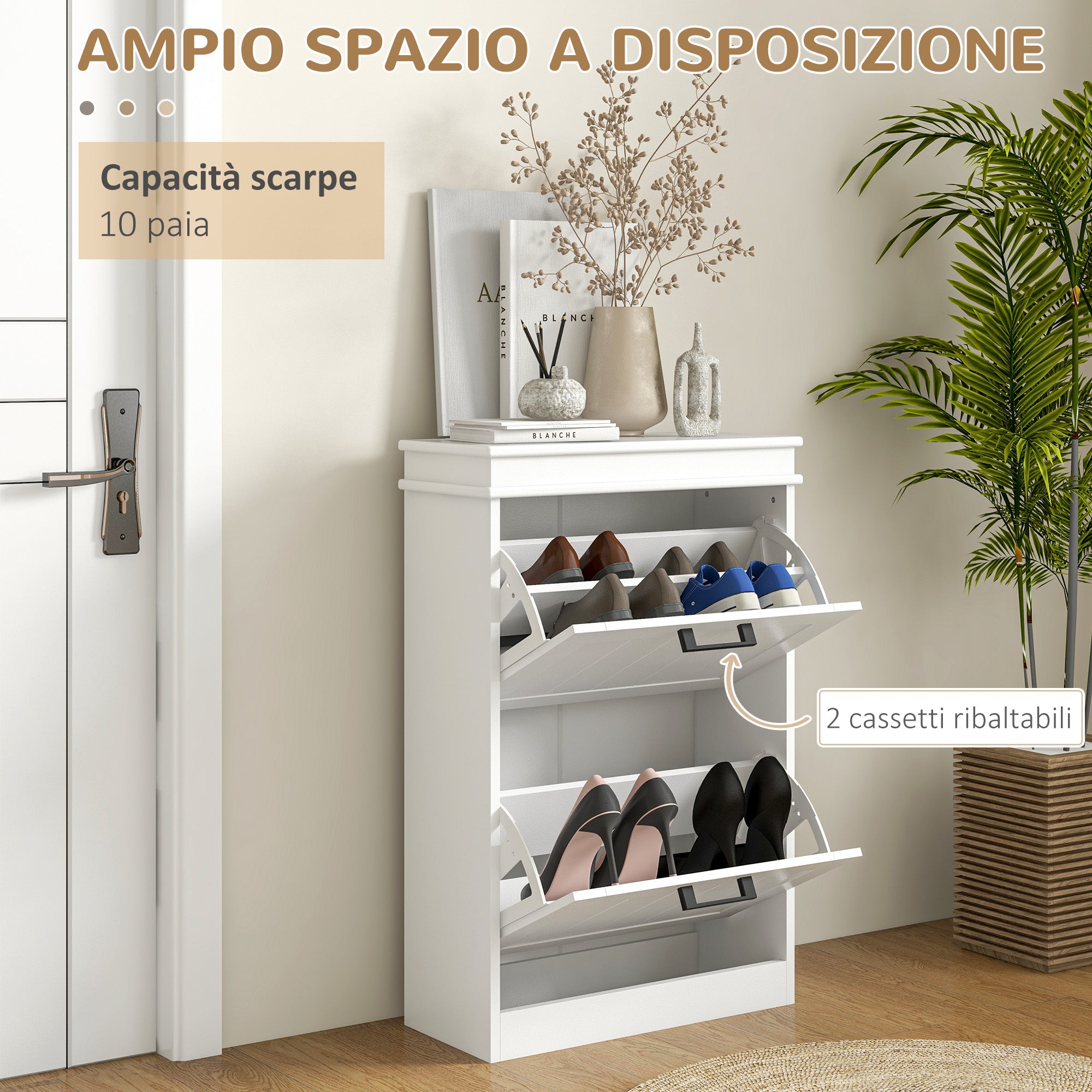 Modern Shoe Rack with 2 Tilting Drawers for 10 Pairs of Shoes and Adjustable Shelf, 54x24x82.5cm, White