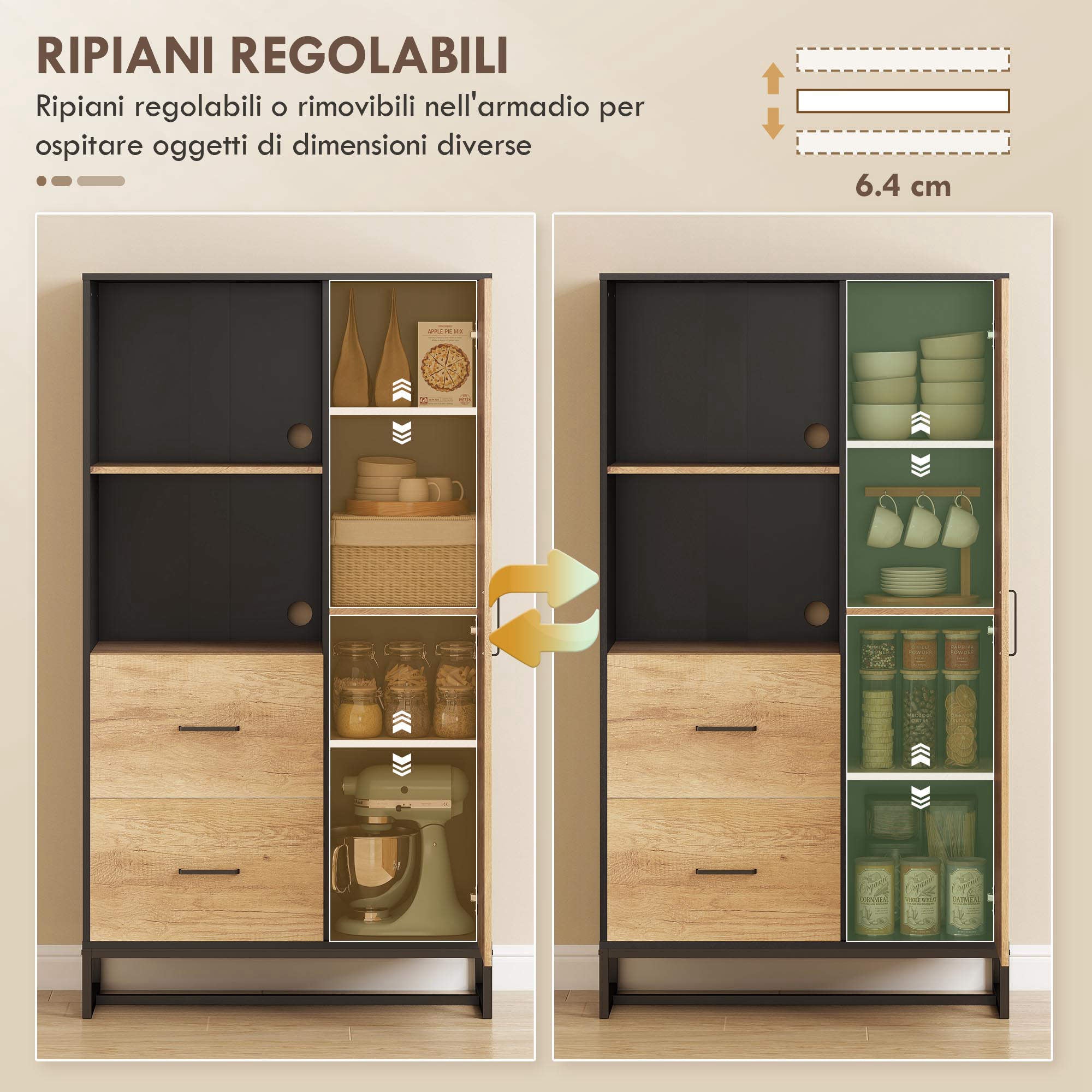 Modern Kitchen Sideboard with 2 Drawers, 2 Shelves and a Cabinet, 88x35x160 cm, Wood and Black