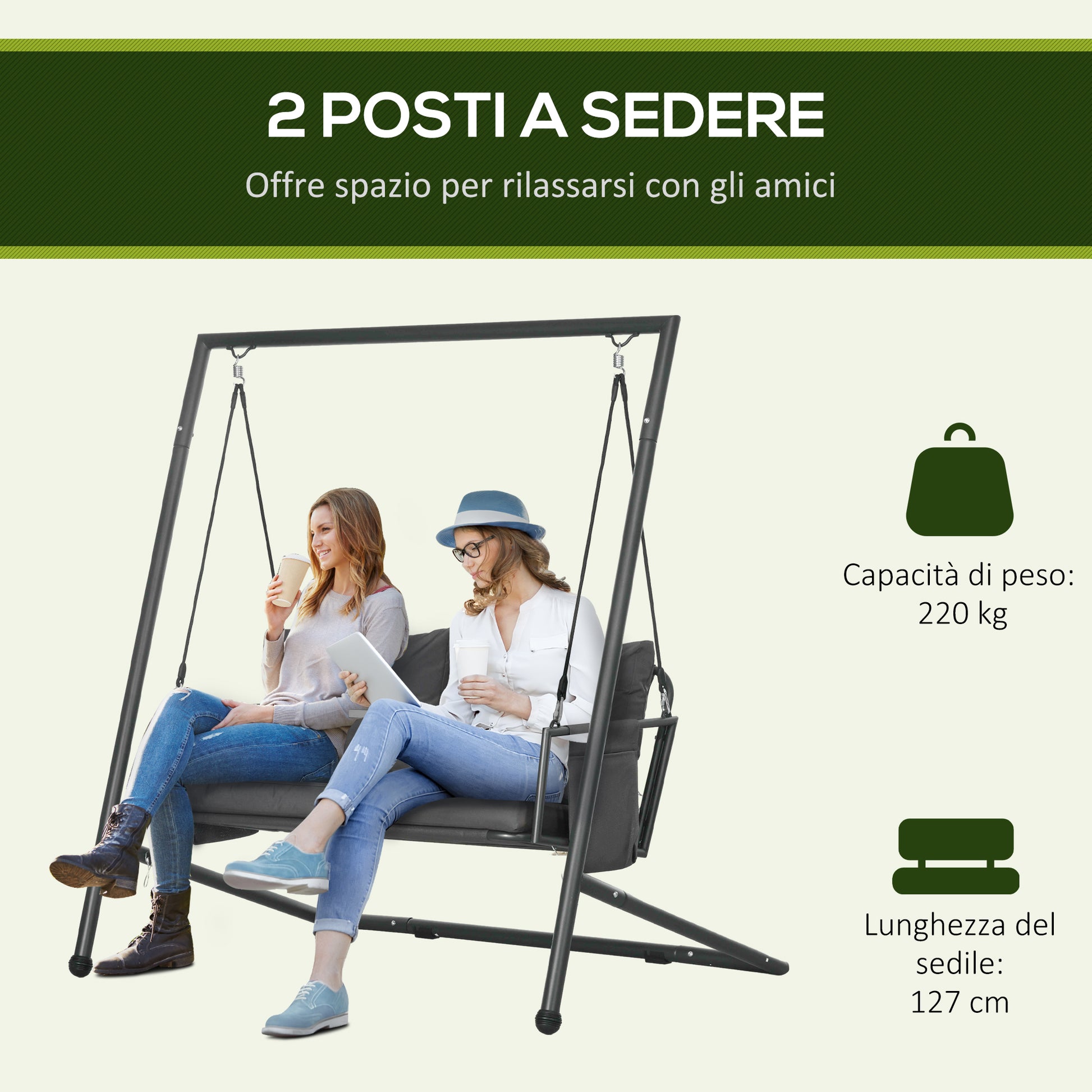 Outsunny 2-Seater Garden Swing with Cushions and Pockets, in Steel and Textilene, 168x117x181 cm, Dark Gray - Borgè