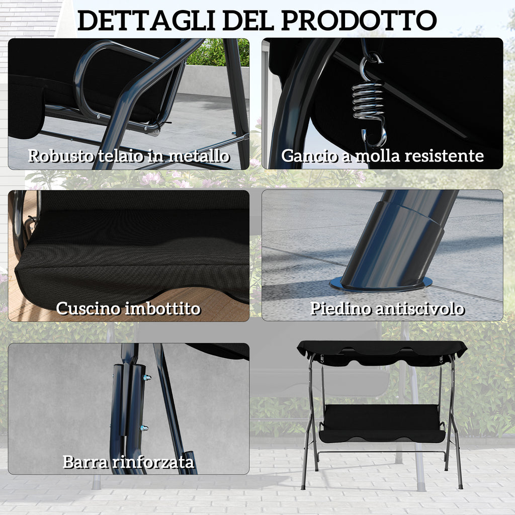 Outsunny 3-Seater Swing with Adjustable Canopy and Cushions, Steel and Polyester, 170x110x153 cm, Black