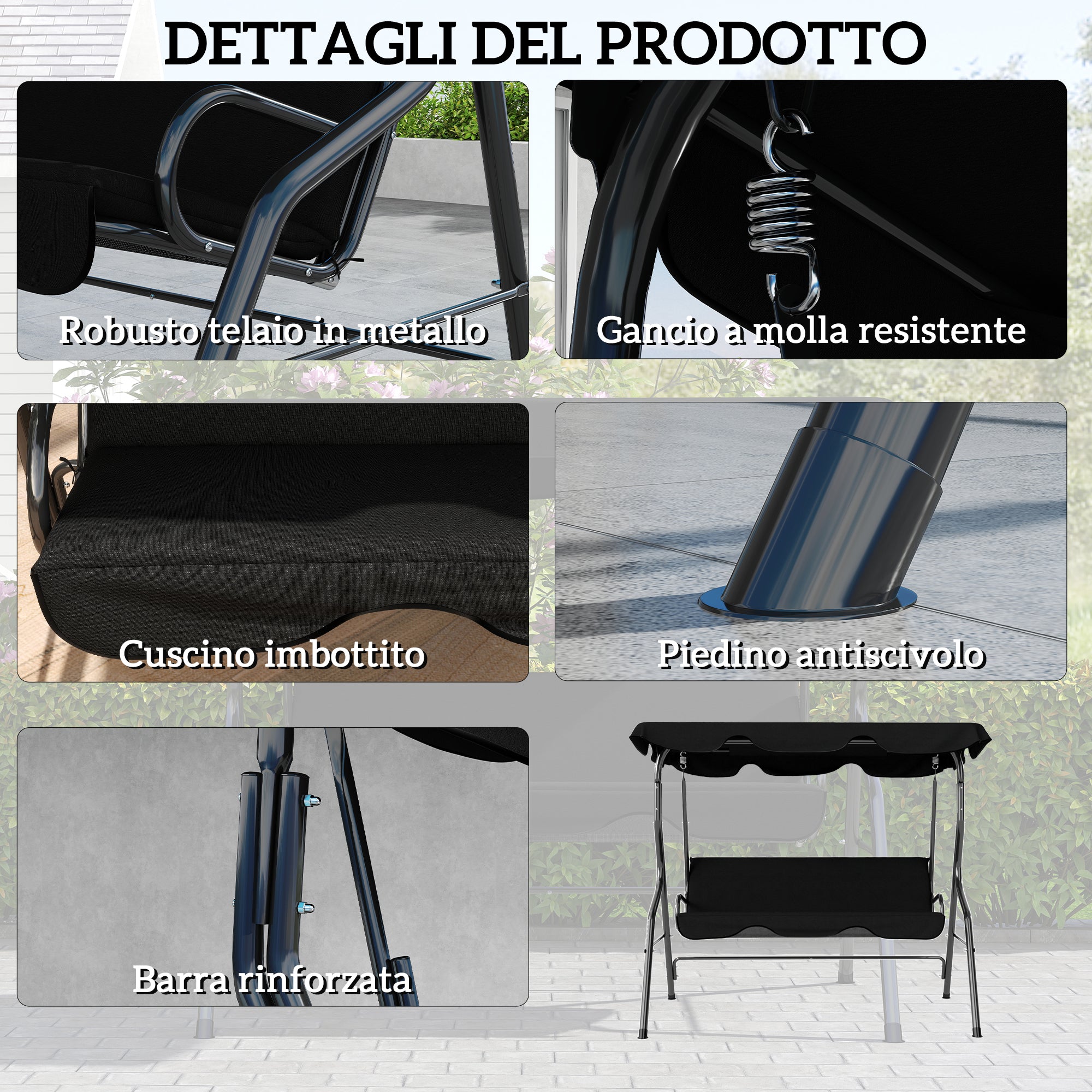 Outsunny 3-Seater Swing with Adjustable Canopy and Cushions, Steel and Polyester, 170x110x153 cm, Black