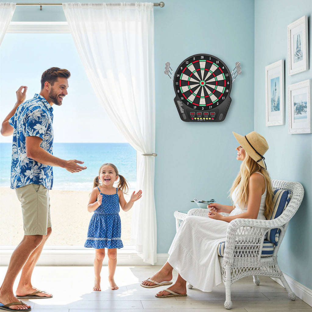 HOMCOM Dartboard with 6 Darts, Power Supply, 4 LED Displays and 27 Games, Made of ABS and PP, 44x51.5x3.2 cm, Black