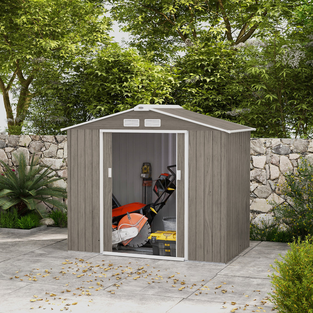 Metal Garden Shed with Vents and Double Sliding Door, 2.1x1.3m, Light Brown