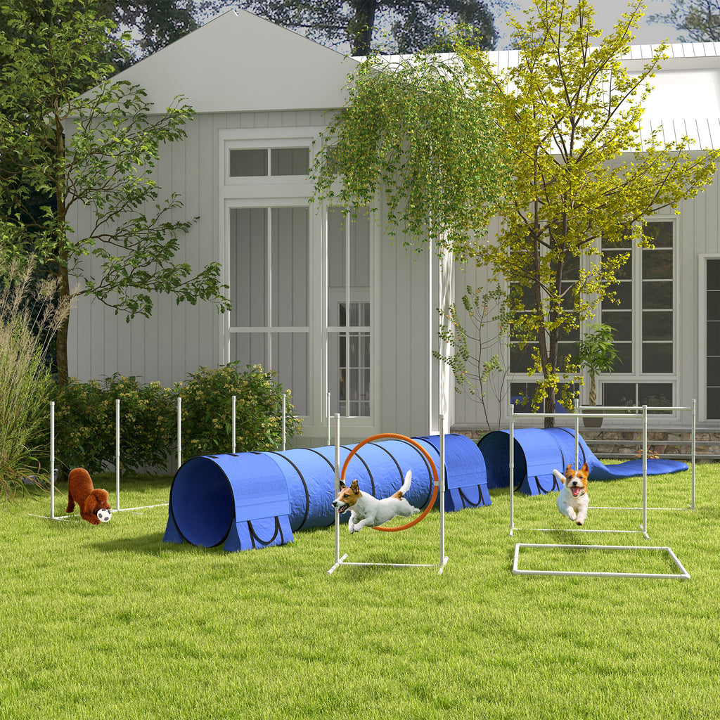 Pawhut Set Agility Dog 7 pieces with whistle and transport bag, plastic and ABS, 89x69x99 cm, blue orange white - Borgè