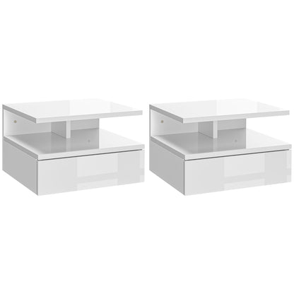 Set of 2 Modern Floating Bedside Tables with Drawer and Wooden Shelf 35x32x22.5cm, Glossy White