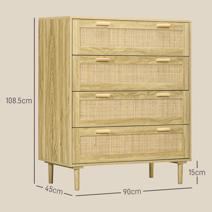 4 Drawer Chest of Drawers Boho Style Wood and Rattan, 90x45x108.5cm, Oak