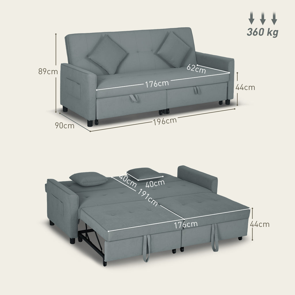 Clic Clac 3-Seater Sofa Bed with Reclining Backrest and 2 Cushions, 196x90x89 cm, Grey