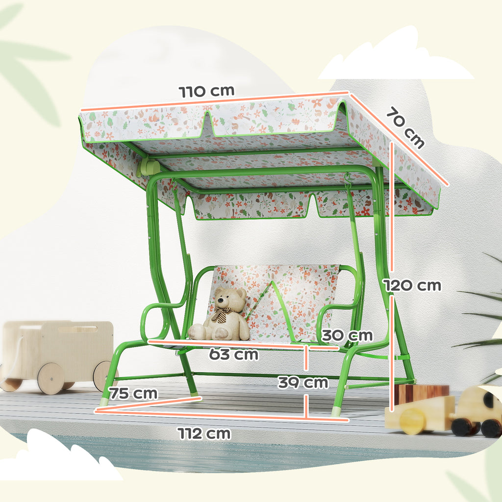 2-Seater Outdoor Children's Swing with Adjustable Canopy and Safety Belts, 112x75x120 cm, Green