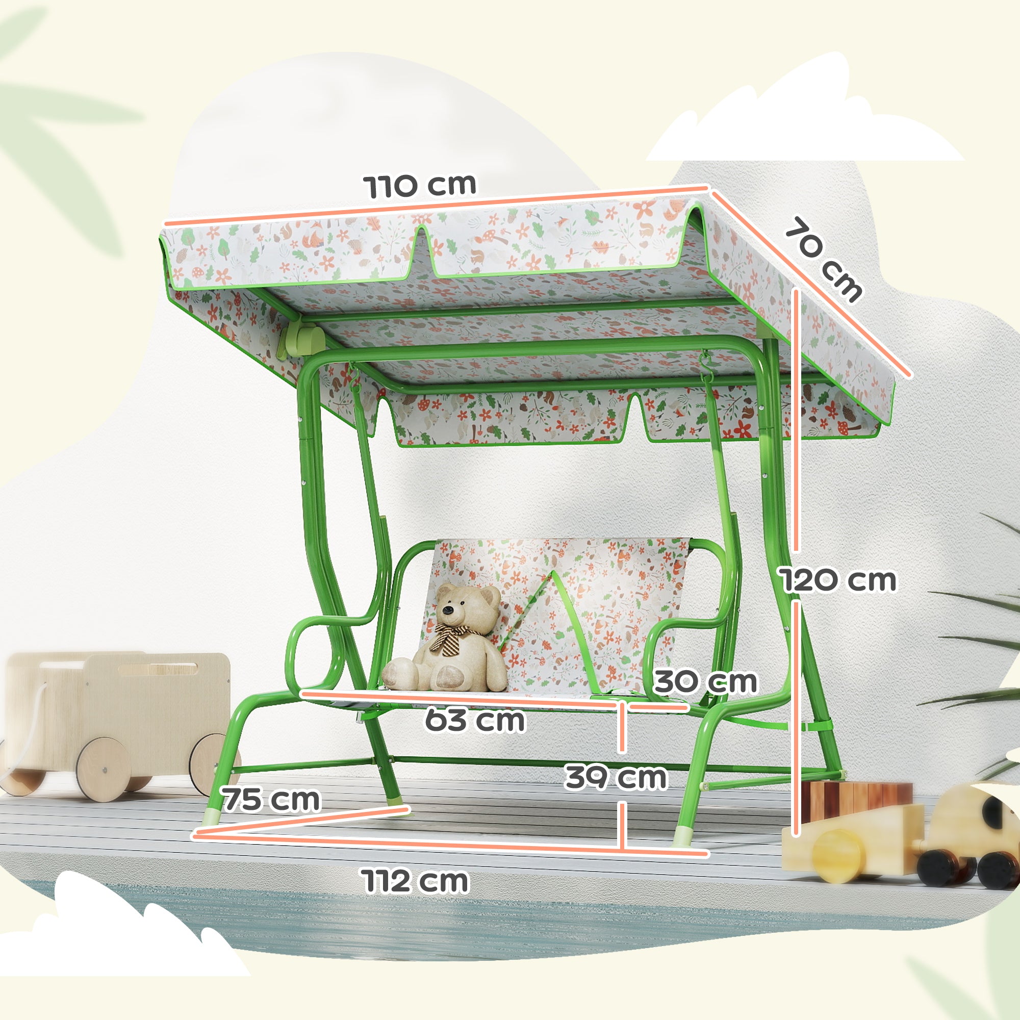 2-Seater Outdoor Children's Swing with Adjustable Canopy and Safety Belts, 112x75x120 cm, Green