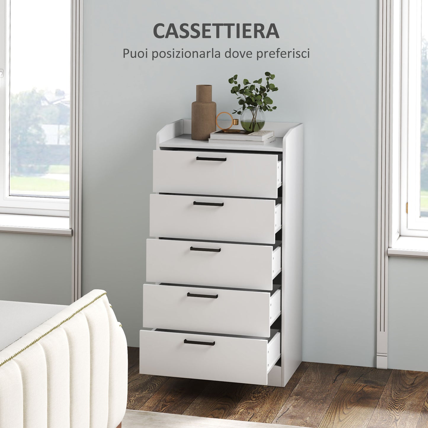 Wooden 5-Drawer Chest of Drawers with Steel Handles, 60x40x114 cm, White