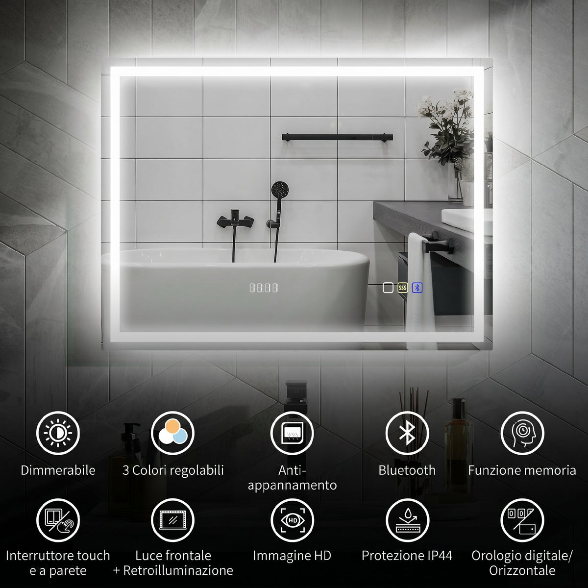 HOMCOM Anti-Fog Bathroom Mirror with Adjustable LED Light, Bluetooth Speaker, Touch Buttons, 80x60 cm