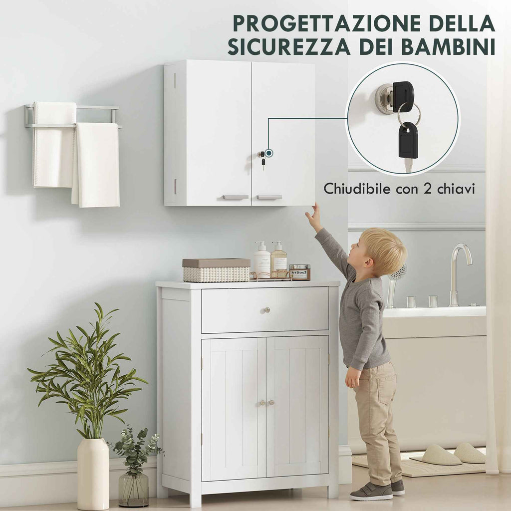 HOMCOM Medicine Cabinet with 3 Internal Shelves and 8 Bottle Holders, Made of Wood and Metal, 53x20x53 cm, White