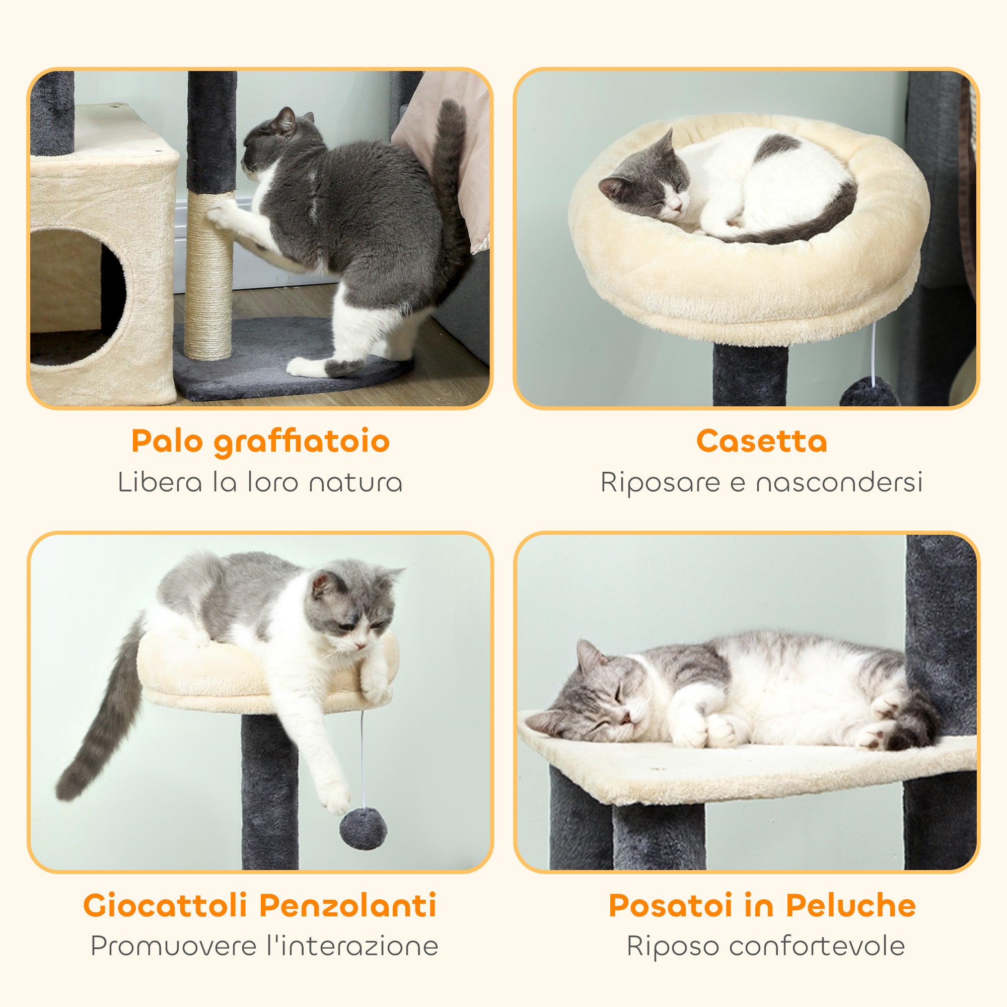 92cm Cat Tree with House, Bed, Sisal Posts and Ball, Cream White