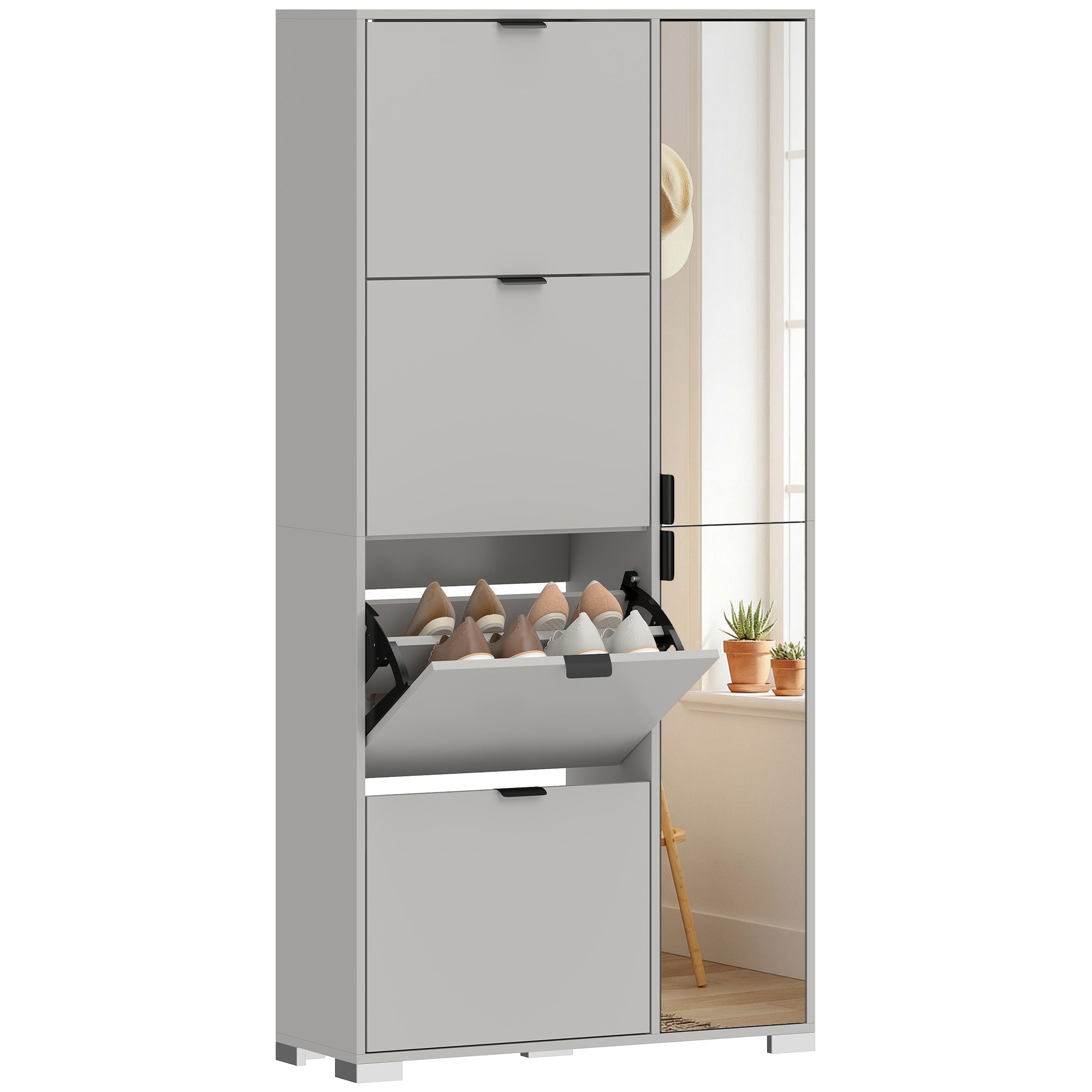 HOMCOM Shoe Rack with Mirror, 4 Drawers with Flap, Entrance Shoe Rack, Grey