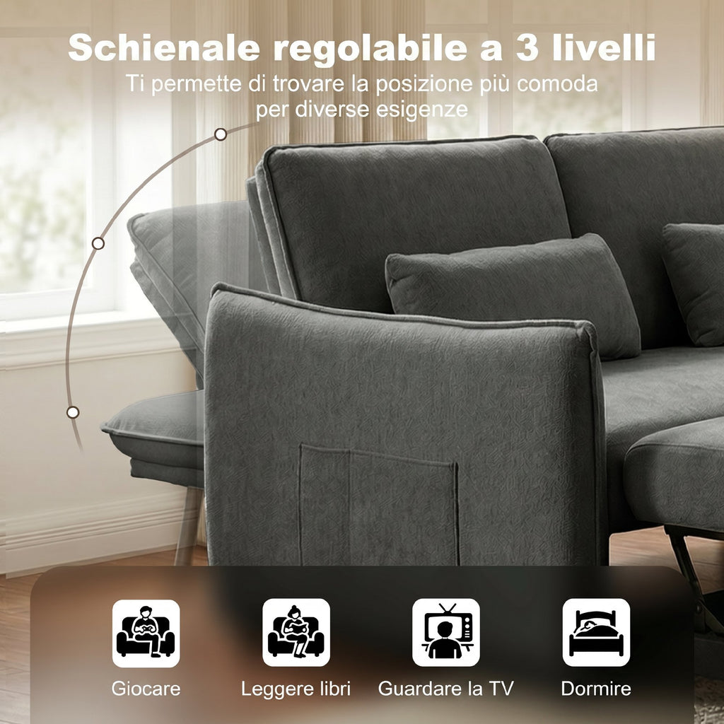 HOMCOM 3-in-1 2-Seater Sofa Bed with 3-Position Adjustable Backrest and 2 Cushions, Chenille, Dark Grey