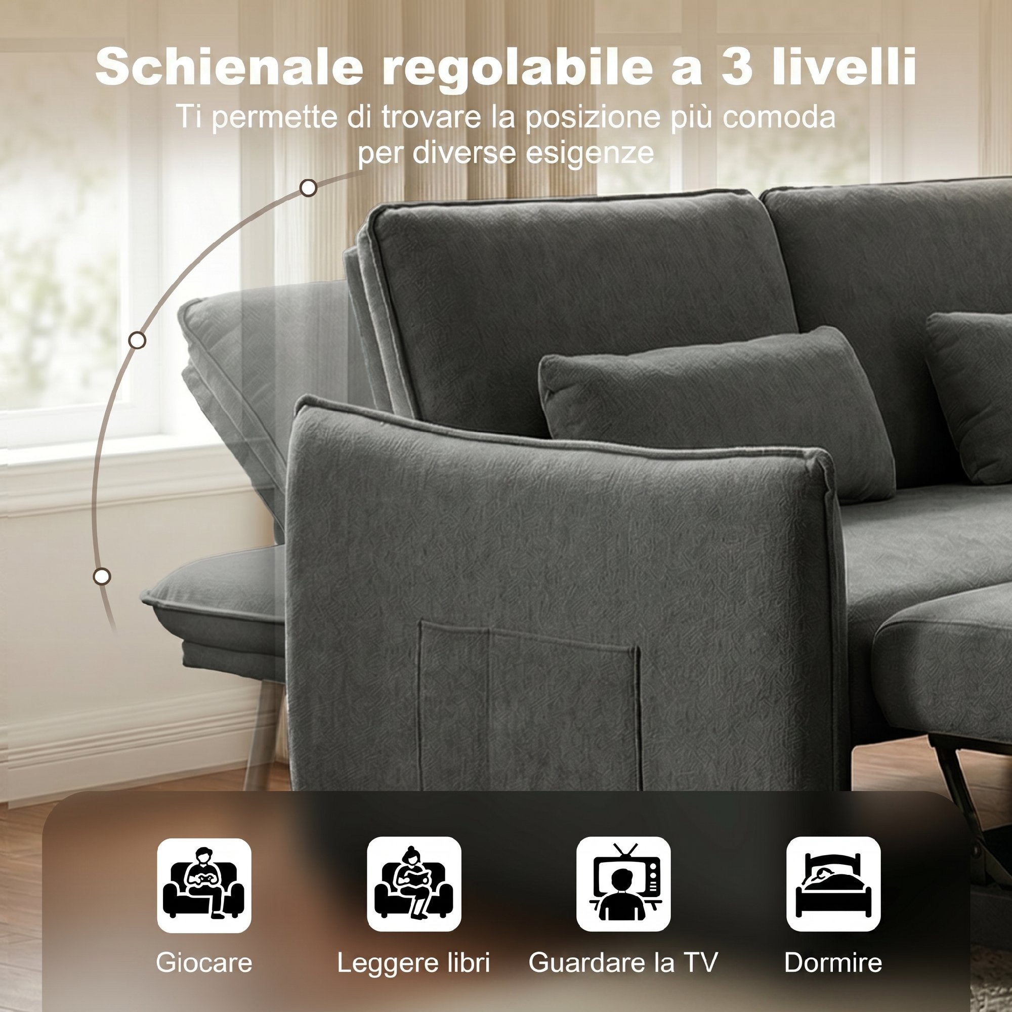 HOMCOM 3-in-1 2-Seater Sofa Bed with 3-Position Adjustable Backrest and 2 Cushions, Chenille, Dark Grey