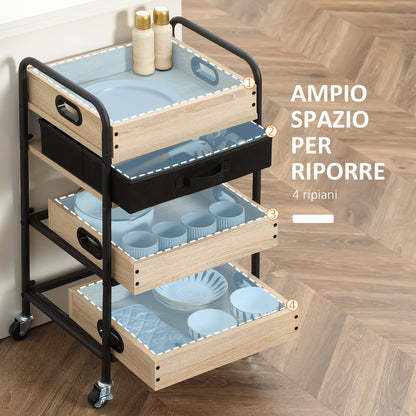 4-Tier Kitchen Trolley with Drawer and Serving Trays, Wood and Steel, 45x35x79.5cm