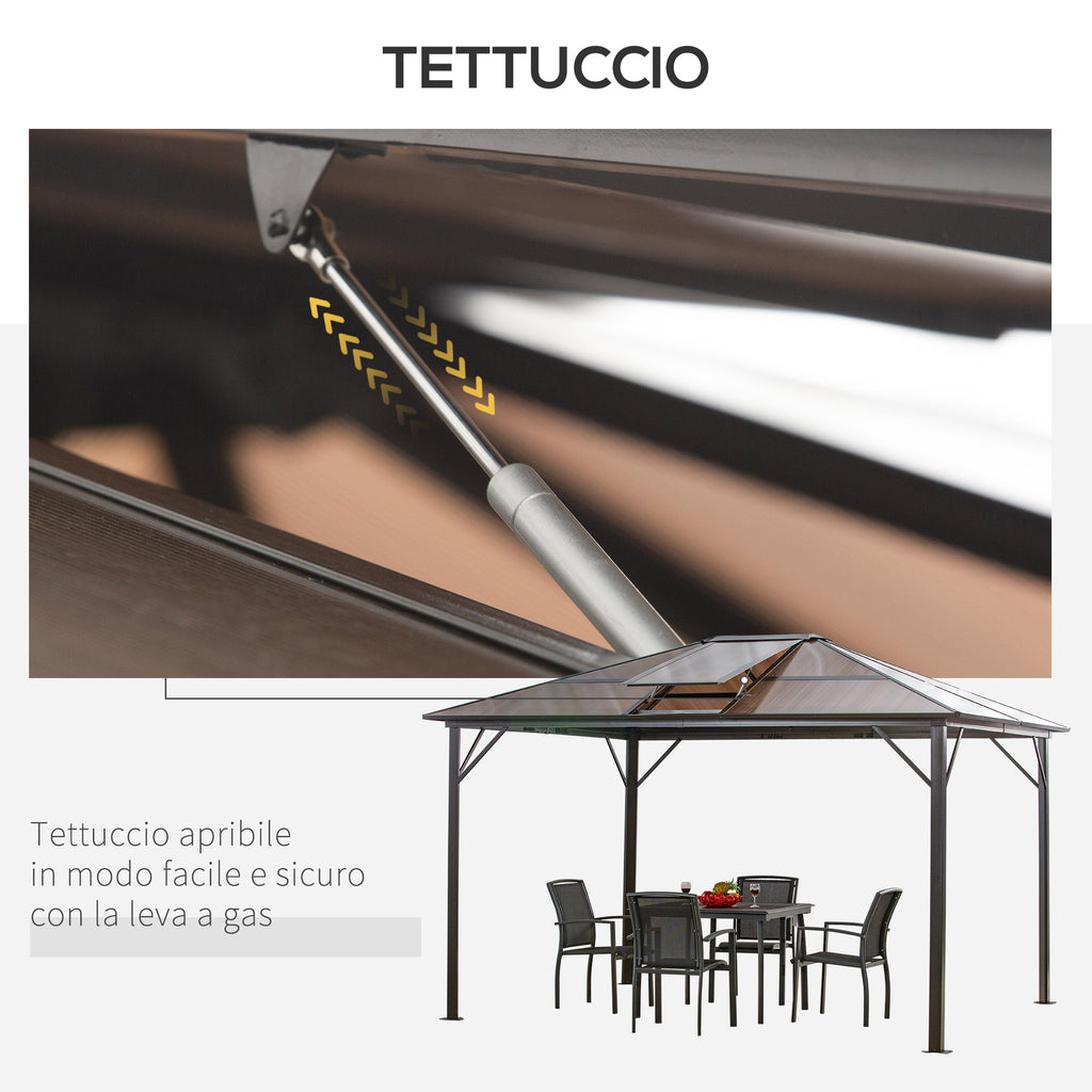 3.6x3m Garden Gazebo with Opening Polycarbonate Roof and Aluminum Frame