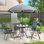 6 Piece Steel Garden Set with 4 Folding Chairs, Umbrella and Round Table, Grey and Black
