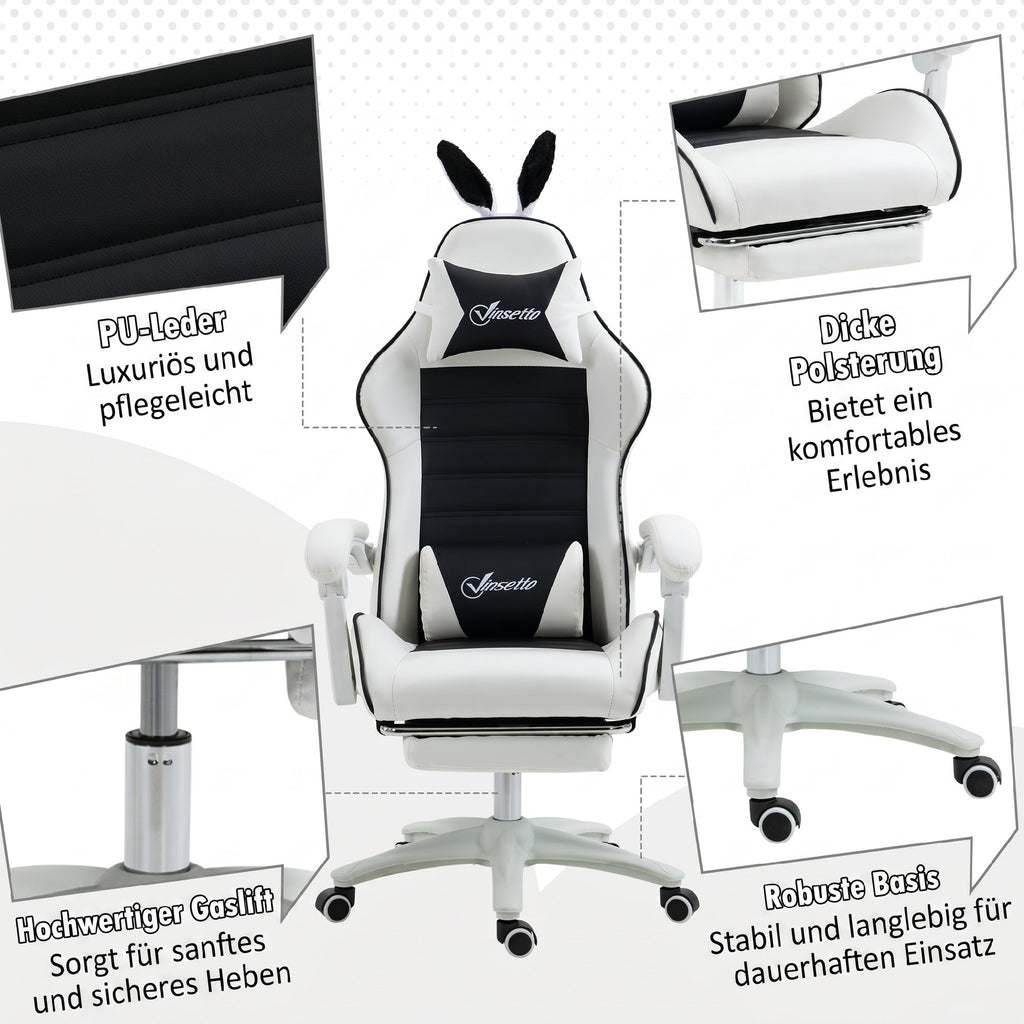 Vinsetto Gaming Chair with Rabbit Ears, Footrest, Cushions, Reclining and Adjustable Height, Black