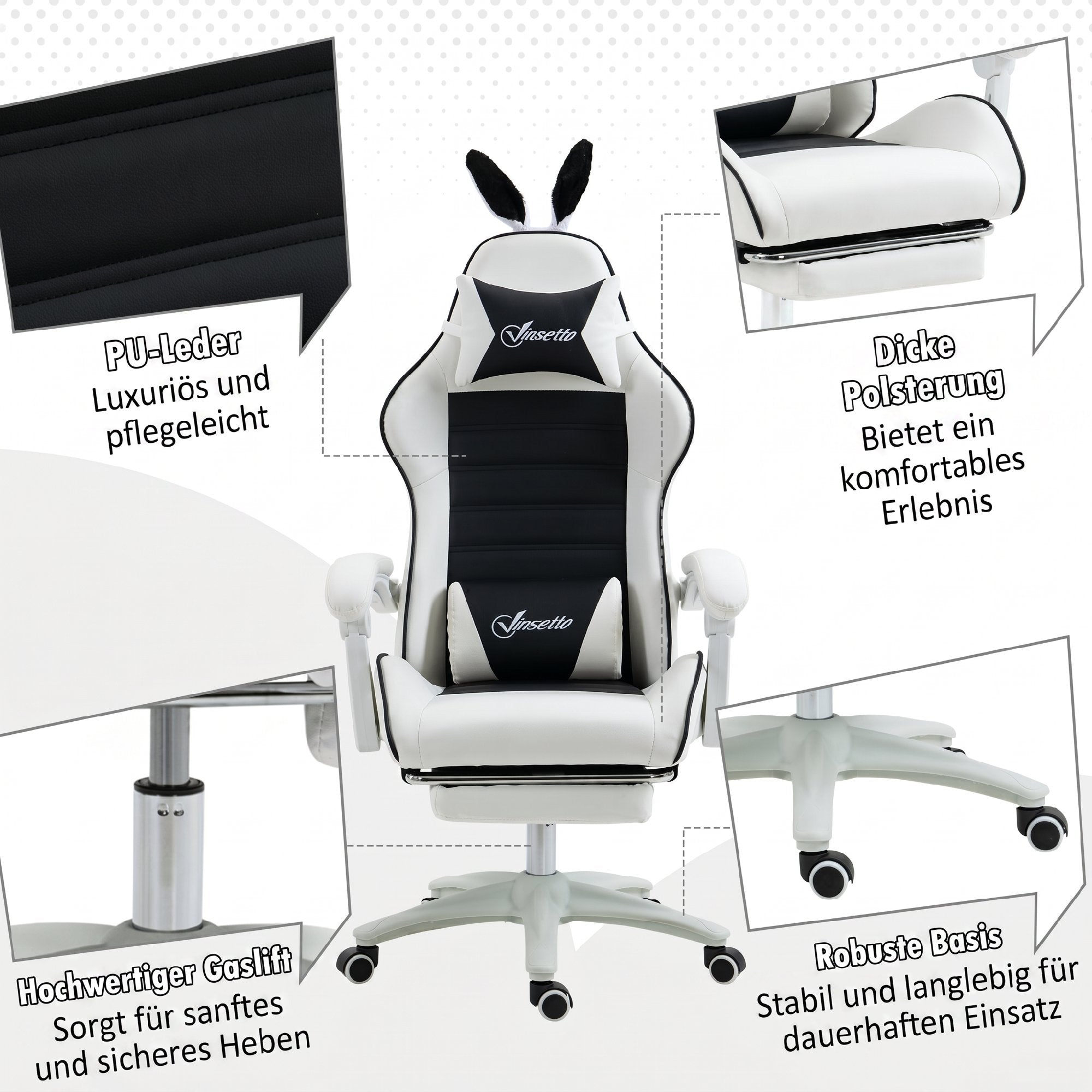 Vinsetto Gaming Chair with Rabbit Ears, Footrest, Cushions, Reclining and Adjustable Height, Black
