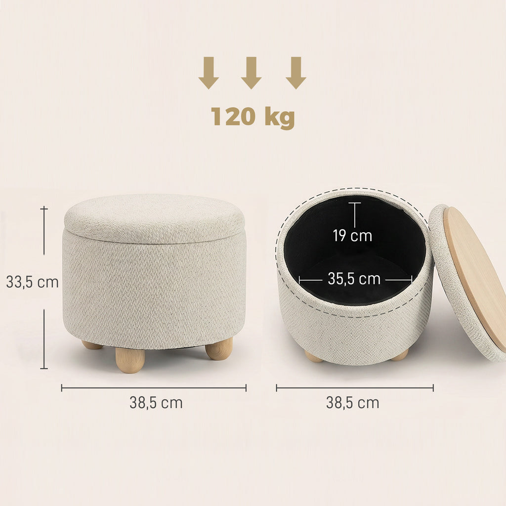 HOMCOM 19L Round Jute Fabric Storage Ottoman with Lid, 120kg Capacity, 38.5x38.5x33.5cm, Beige