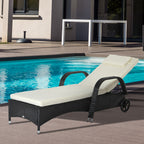 Garden Sun Lounger with Wheels, Height-Adjustable Rattan Beach Chair, Black and Cream, 200x73x103cm