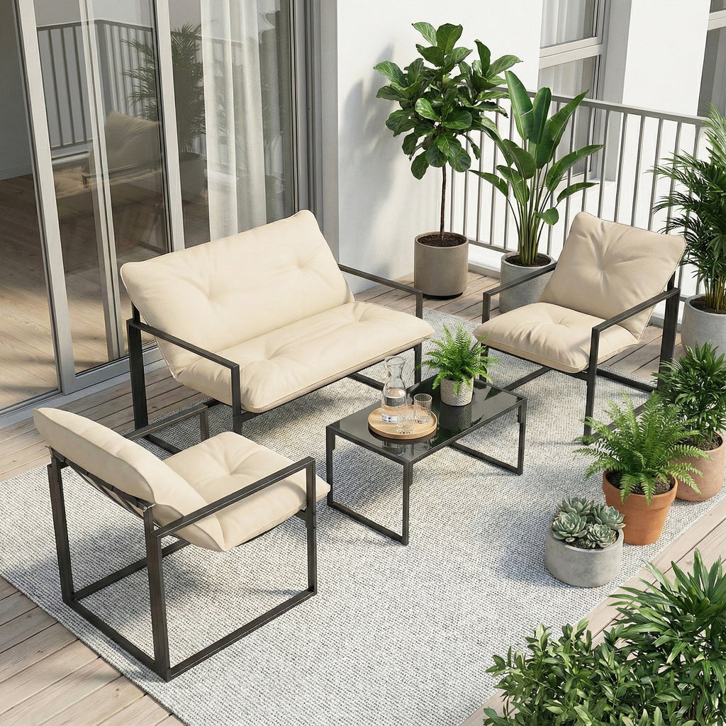 4-Piece Garden Set with Sofa, 2 Armchairs and Coffee Table, in Steel, Polyester and PP Cotton, Beige and Grey