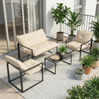 4-Piece Garden Set with Sofa, 2 Armchairs and Coffee Table, in Steel, Polyester and PP Cotton, Beige and Grey